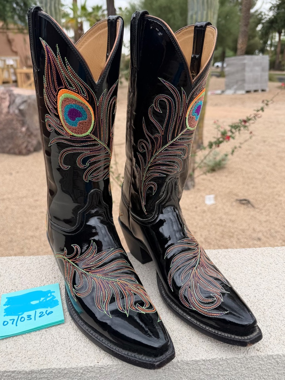 Rare Lucchese Classics Peacock Patent Leather Cowboy Boots Multicolor Embroidery